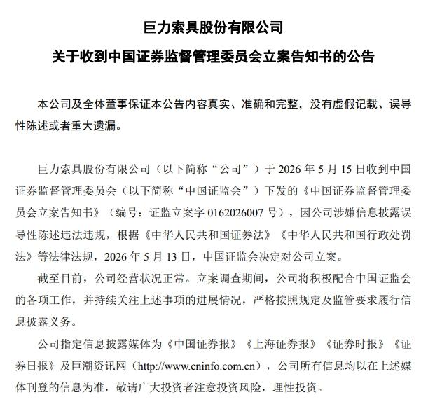 巨力索具被证监会立案